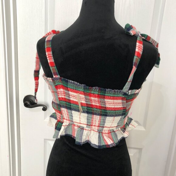 Aerie‎ Women's Plaid Sleeveless Crop Top With Shoulder Ties & Ruffle Hem Size M - Picture 7 of 8
